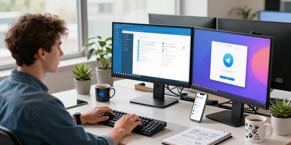 Person using Telegram Web Version at a modern workspace with multiple monitors and tech-savvy elements.