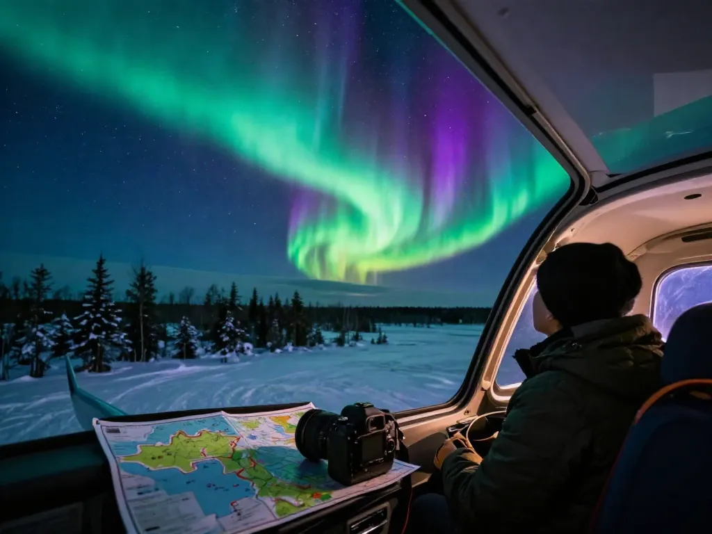 Northern flights in Ontario captured from an aircraft window showcasing the stunning Northern Lights.