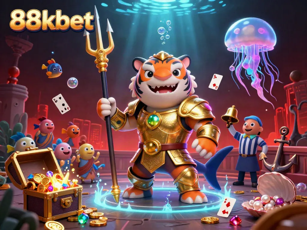 Experience the excitement of 88kbet with a vibrant underwater casino scene featuring a golden tiger shark and treasures.
