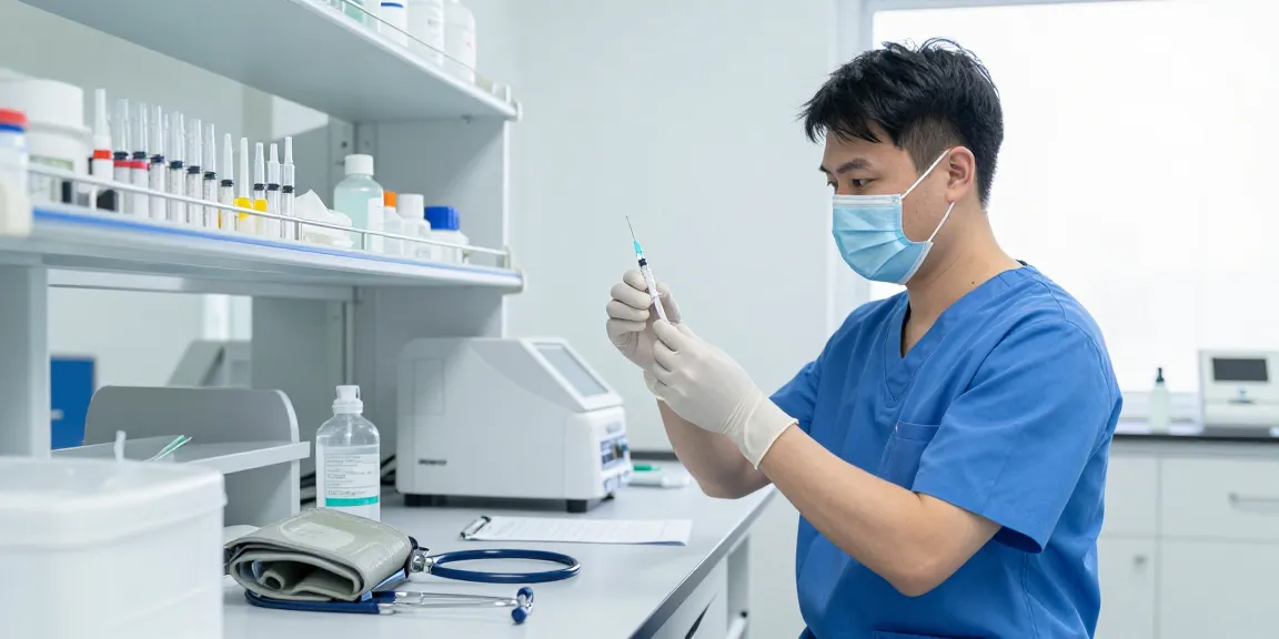 Healthcare worker demonstrating syringe 3ml use in a clinical setting, highlighting medical supplies.