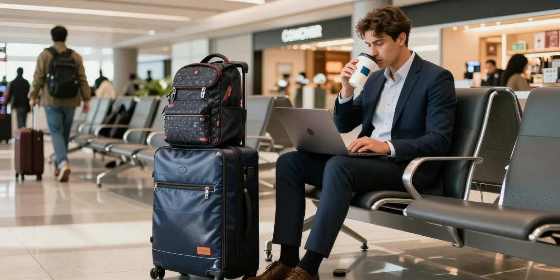 Branded luggage in a stylish airport lounge with a young professional enjoying coffee.