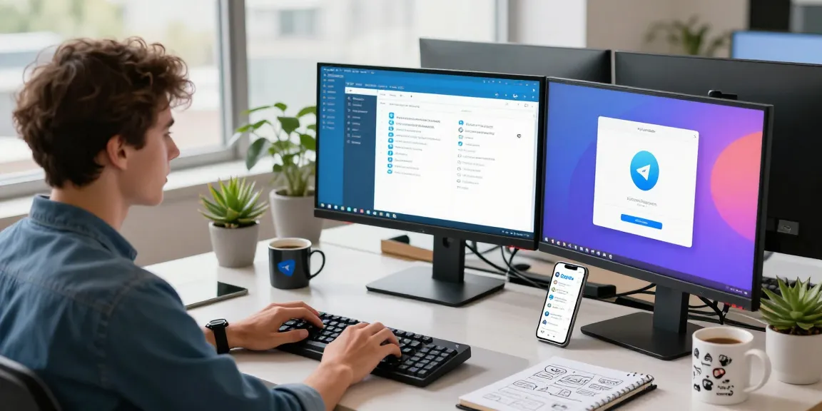 Person using Telegram Web Version at a modern workspace with multiple monitors and tech-savvy elements.