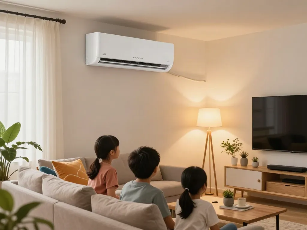 Cozy living room with a mini split air conditioner providing comfort during family movie night.